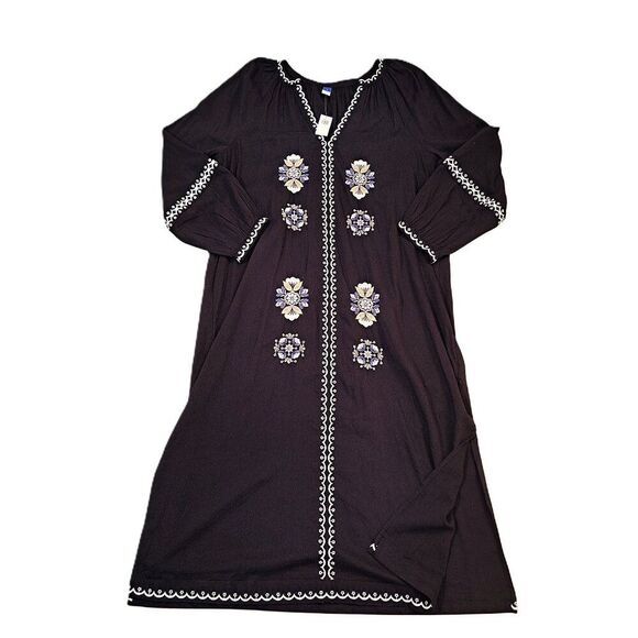 Old Navy Women's Long Sleeve Black Embroidered Boho Peasant Dress Travel Sz L - Picture 2 of 9